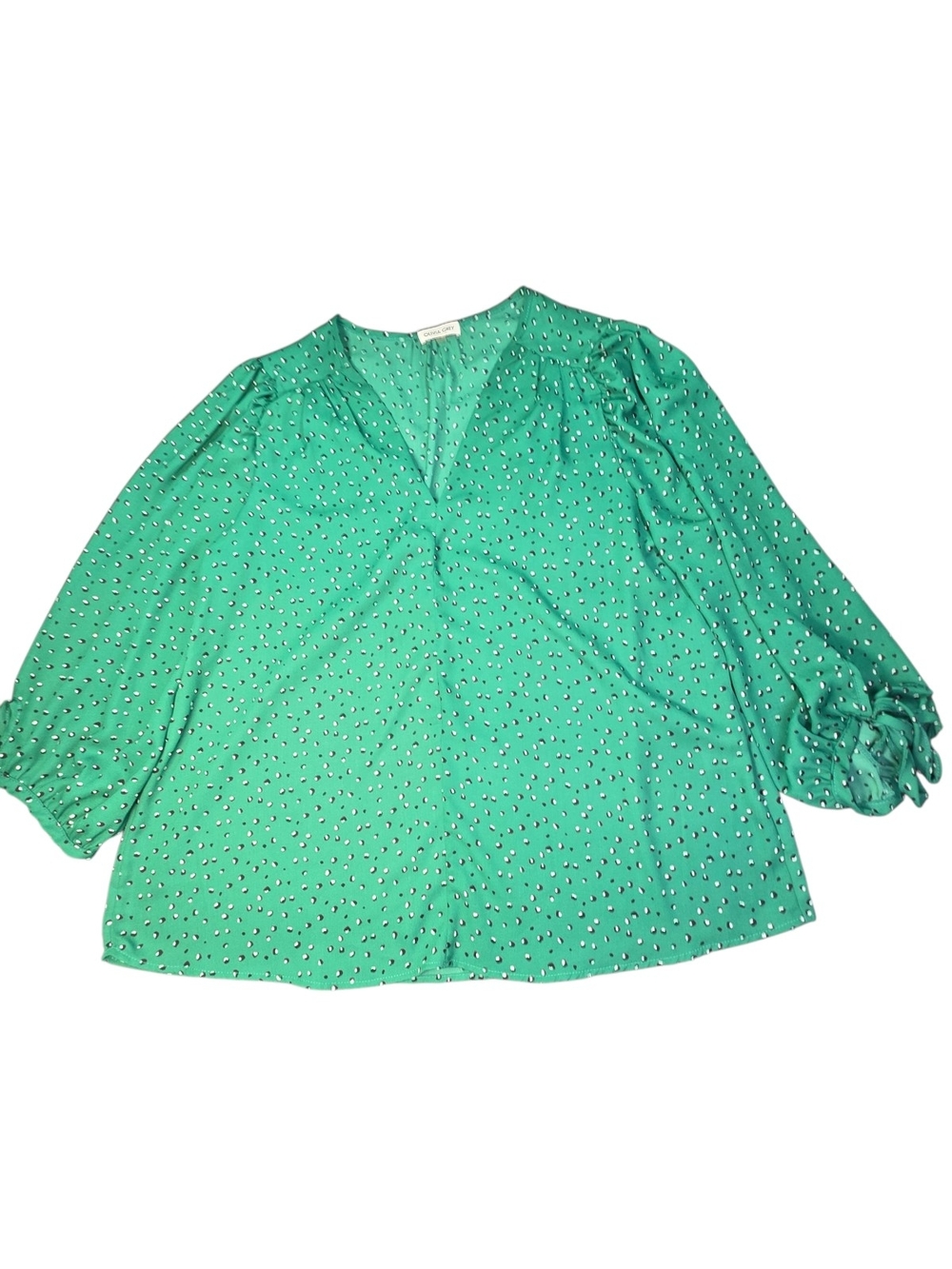 Olivia Grey Green Dotted V-Neck Blouse 3/4 Tie Sleeve Size Large